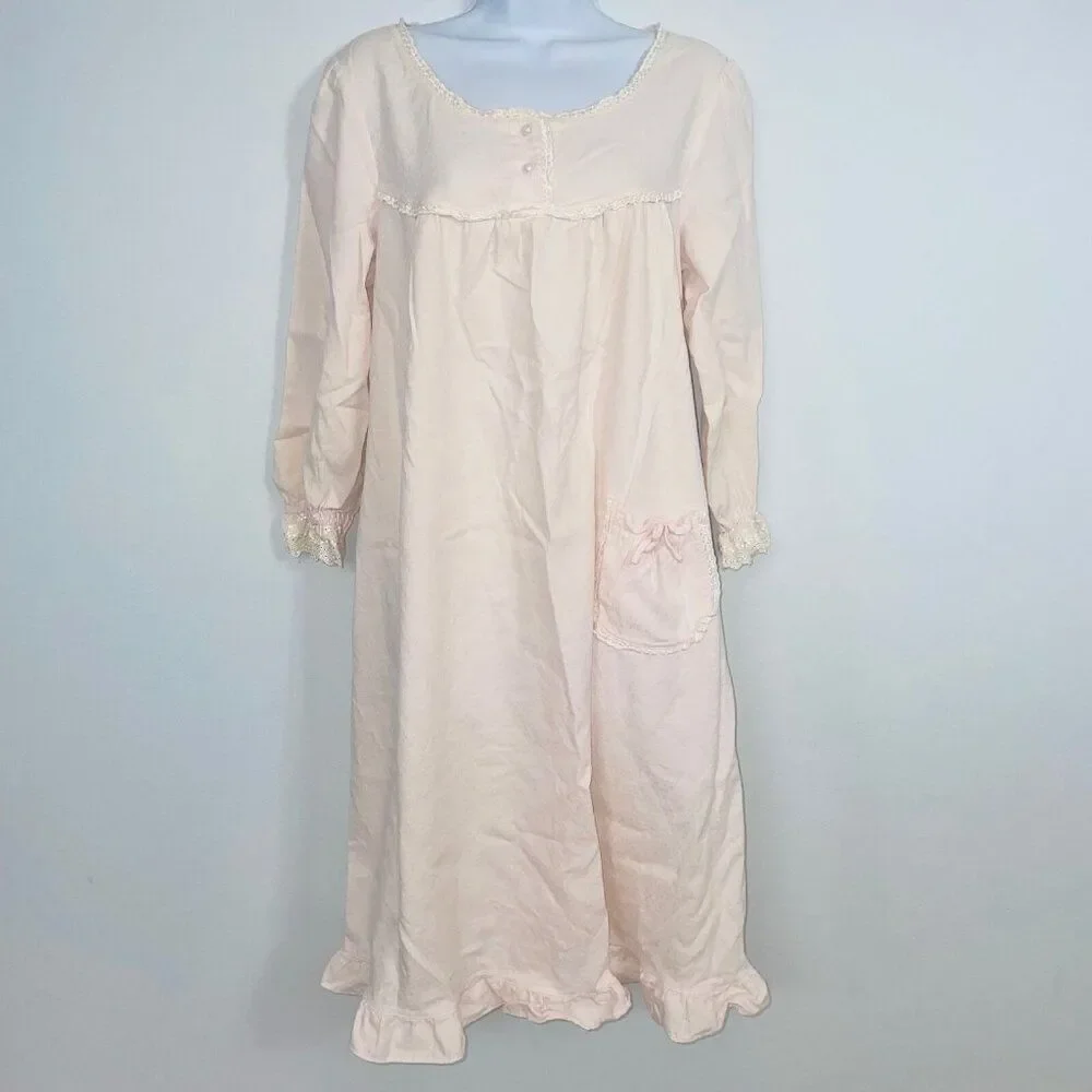 Vintage Womens M Nightgown Pink Ruffled Long Sleeve Modest Prairie